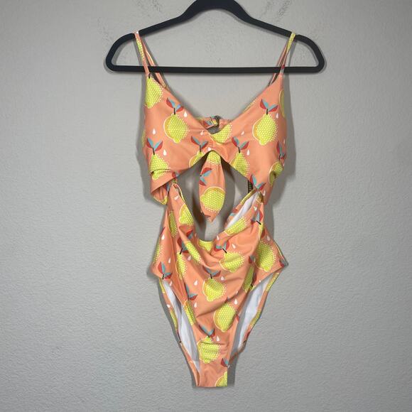 ModCloth Plus 1X The Siena One-Piece Swimsuit Pink Yellow Fruit Print Bow Front - Picture 3 of 10